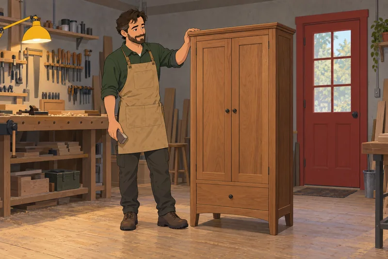 Career Satisfaction Scale: cabinetmaker inspects a finished cabinet.