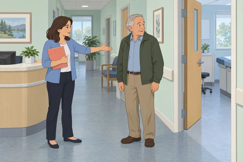 Caregiver Quiz shows a caregiver coordinating clinic support.