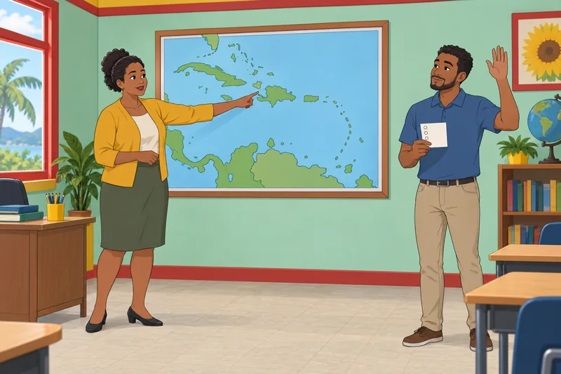 Caribbean Capitals Quiz shows a learner studying maps.