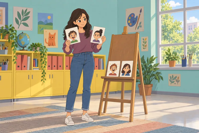 Quiz de personajes aparece en un aula colorida.