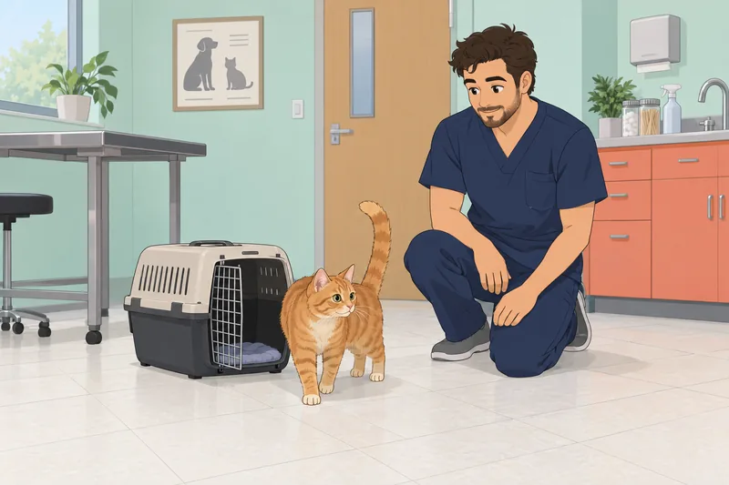 Cat Quiz shows a tabby near a carrier.
