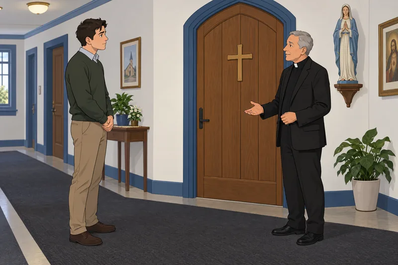 Catholic Vocations Quiz. Man listens by chapel door.