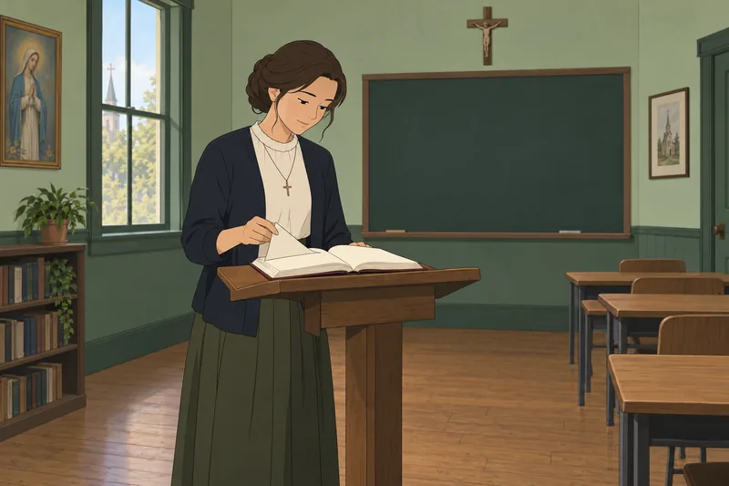 Catholic Vocations Quiz. Woman reflects beside prayer book.