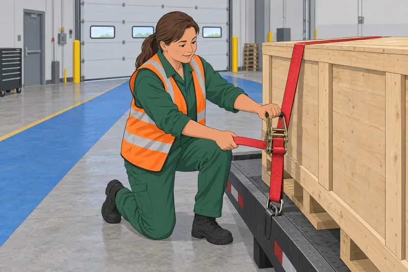 CDL Quiz trainee secures cargo in a workshop.