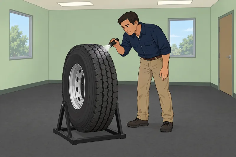 CDL Quiz learner inspects a truck tire.