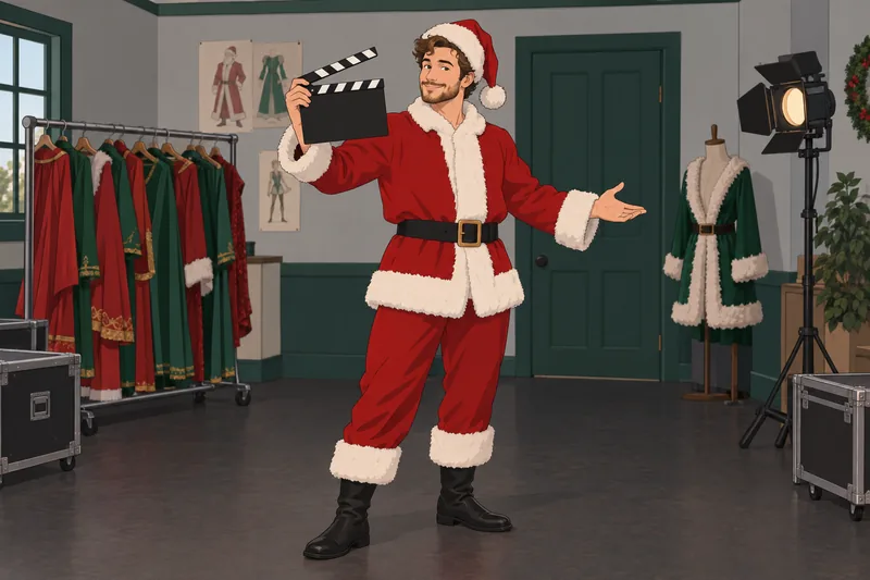 Celebrities as Santa rehearse a screen entrance.