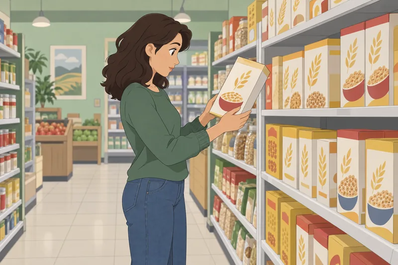 Cereal Quiz shows a shopper studying cereal.