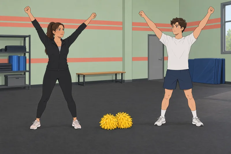Cheer Quiz shows a coach teaching arm motions.