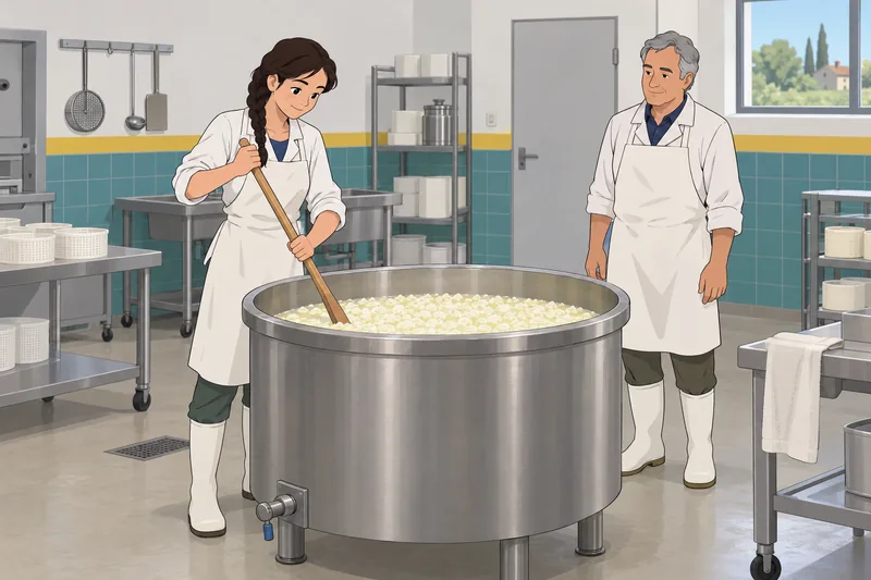 Cheese Quiz shows a student stirring fresh curds.