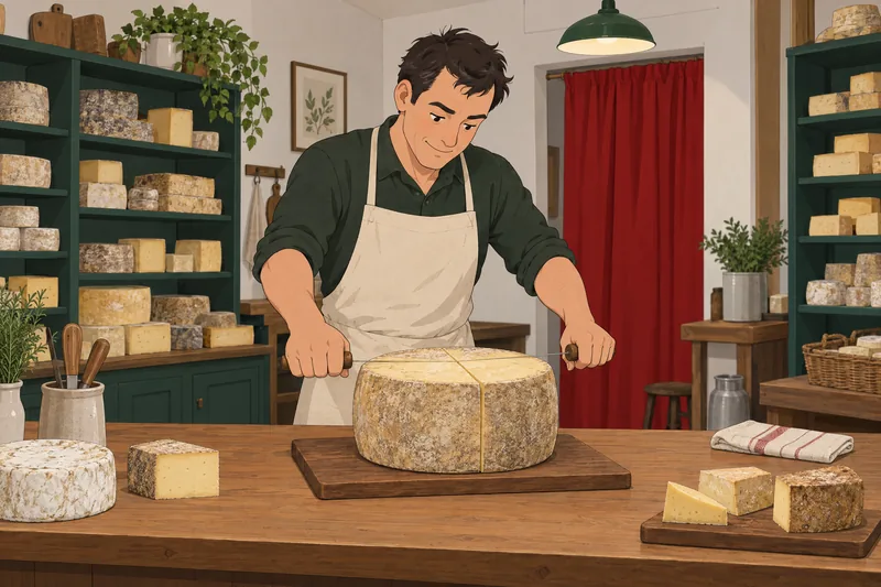 Cheese Quiz: a cheesemonger checks a cheese wheel.