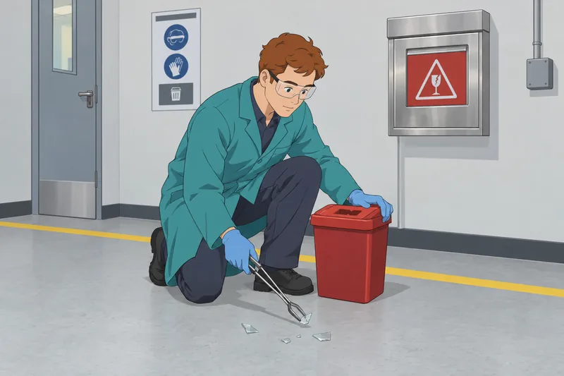 Chem Lab Quiz: a technician sorts broken glass.