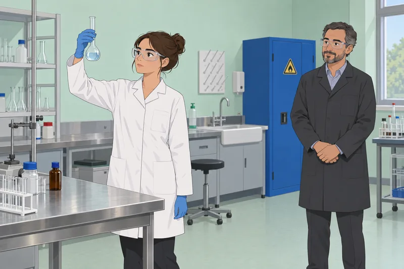 Chem Lab Quiz: a trainee checks a flask.