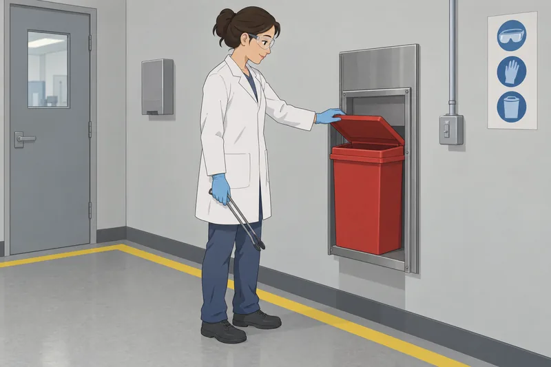 Quiz de laboratorio: un técnico recoge vidrio.