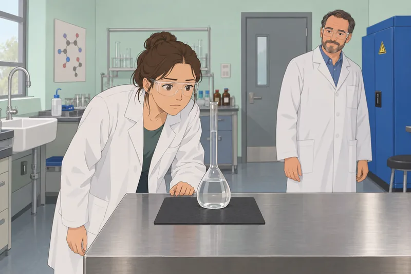 Quiz de laboratorio: una estudiante revisa un matraz.