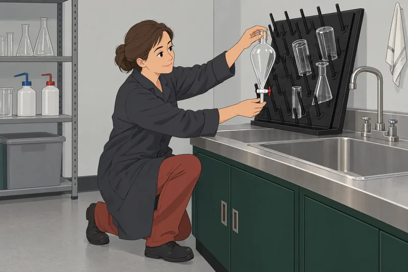Chemistry Glassware Quiz shows a technician storing glassware.