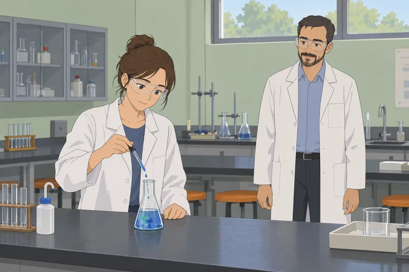 Chemistry Quiz shows a student inspecting a flask.