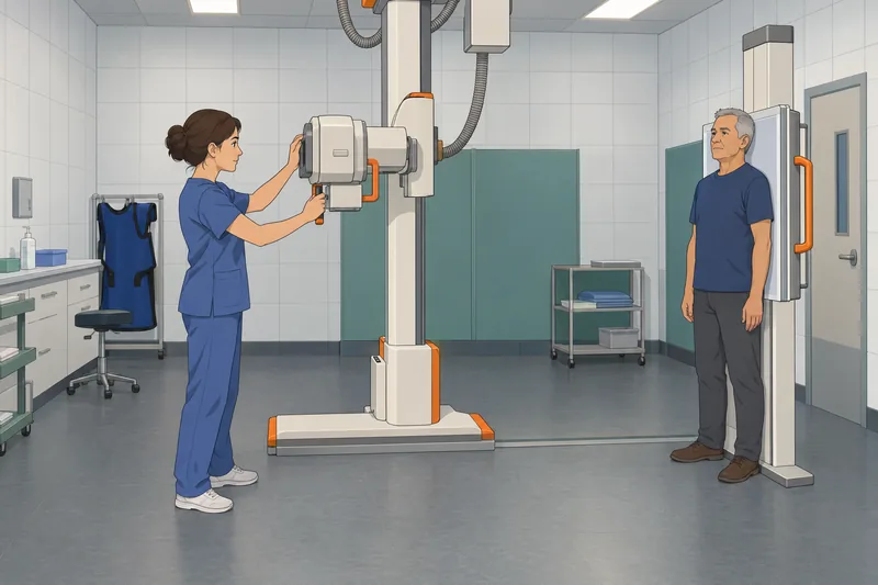 Chest X-Ray Quiz shows a radiographer positioning equipment.