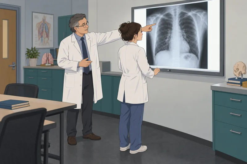 Chest X-Ray Quiz shows a trainee reviewing films.