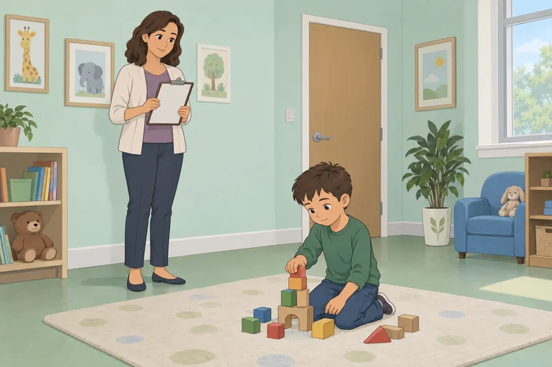 Child Symptom Checklist shows a counselor observing blocks.