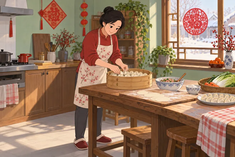 Chinese New Year preparation fills a painted kitchen.