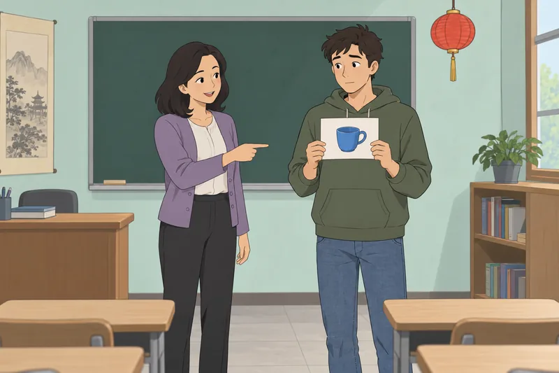 Chinese Quiz shows a beginner using picture cards.