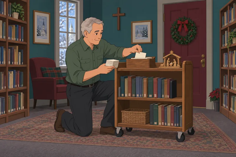 Christmas Bible Quiz cards in a church library