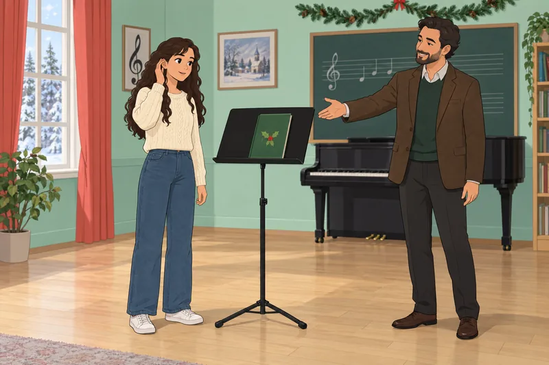 Christmas Carol Quiz depicts a melody lesson.