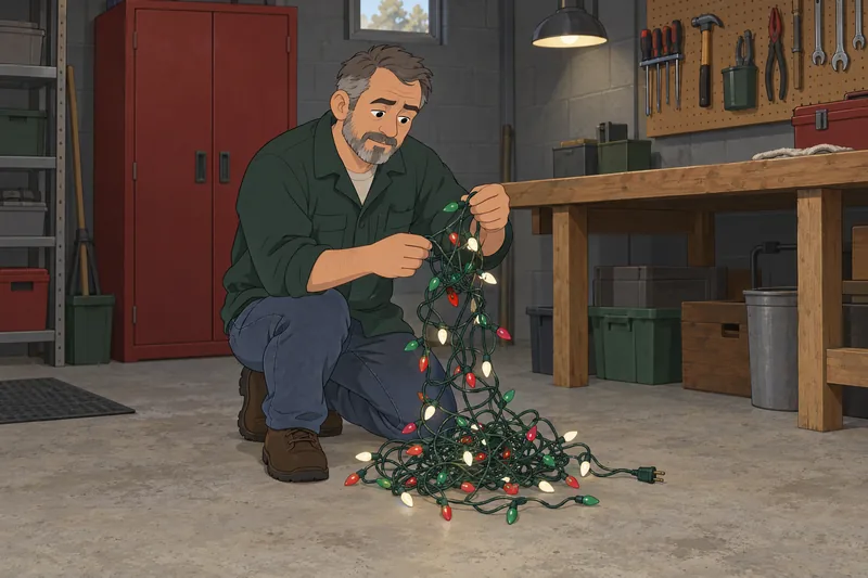Christmas Character Quiz: caretaker untangles holiday lights.