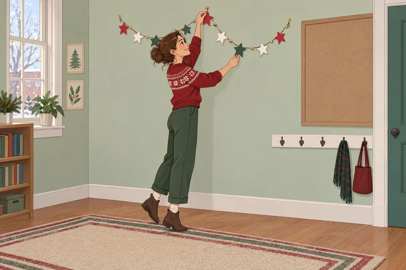 Christmas Character Quiz: volunteer hangs paper stars.