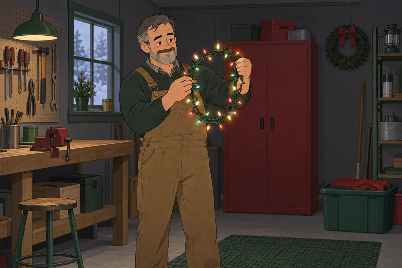 Quiz de personajes: cuidador desenreda luces navideñas.
