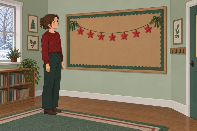Quiz de personajes: voluntaria cuelga estrellas navideñas.