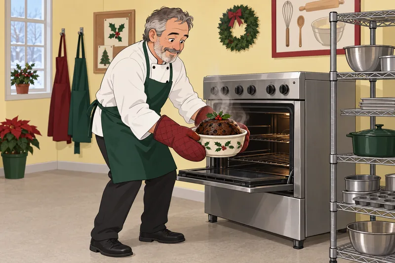 Christmas Food Quiz shows pudding leaving the oven.