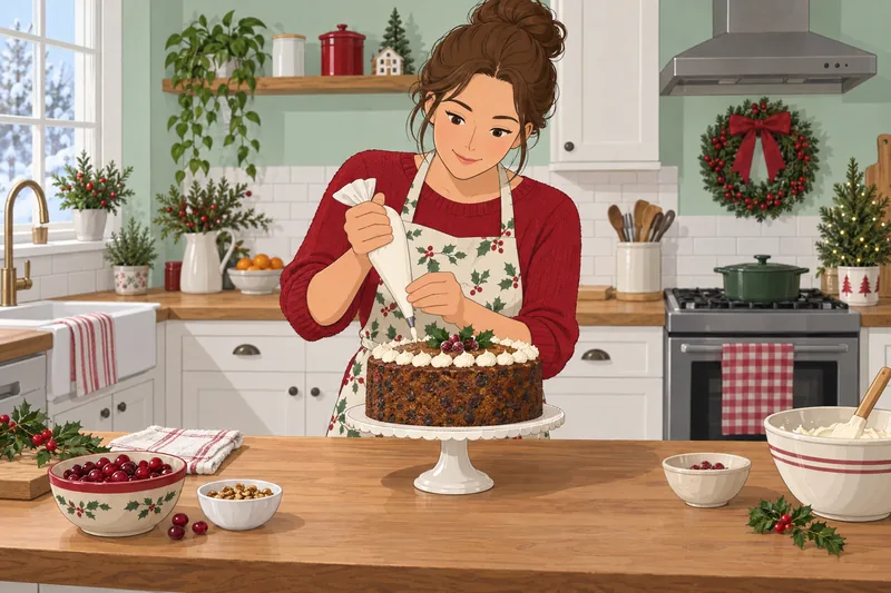 Christmas Food Quiz shows a cook icing fruitcake.