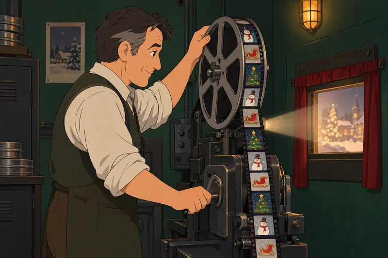 Christmas Movie Emoji reel glows beside a projector.