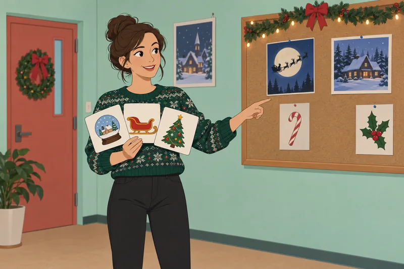 Christmas Movie Emoji clues fill a classroom board.