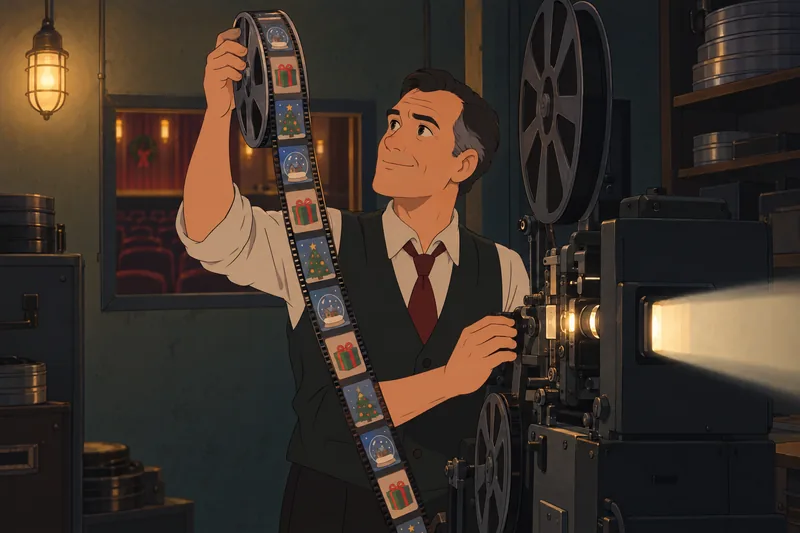 Quiz de películas aparece en un rollo iluminado.