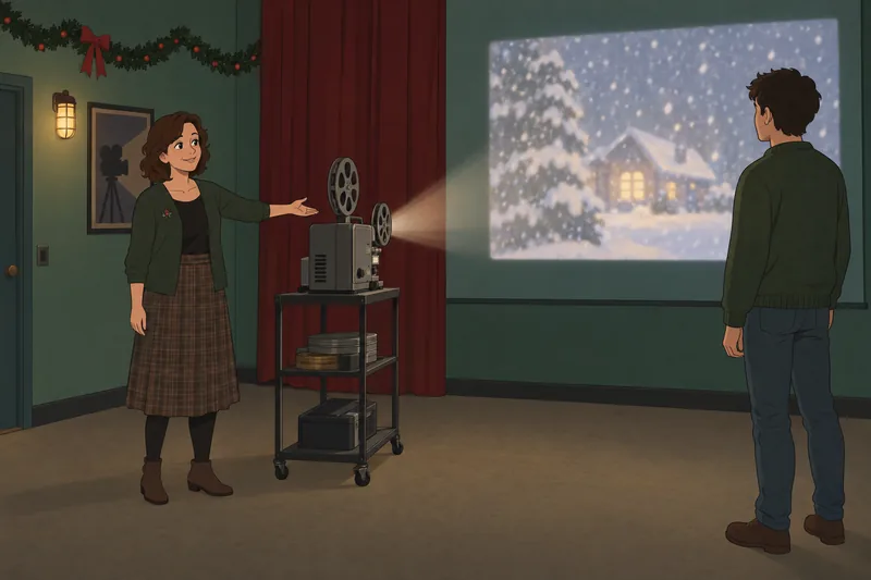 Christmas Movie Quotes appear in a projection room.