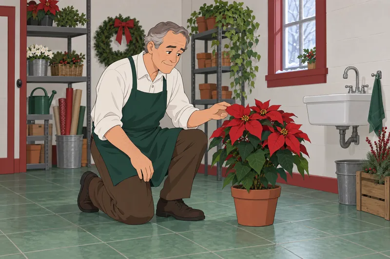 Christmas Picture Quiz shows a florist examining poinsettia.