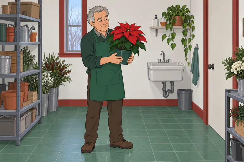 Quiz navideño de imágenes: florista observa poinsettia.