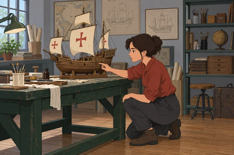 Christopher Columbus Quiz studies a caravel model.
