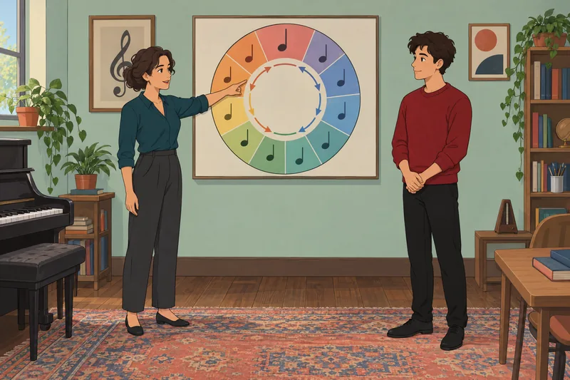 Circle of Fifths learner studies a key wheel.