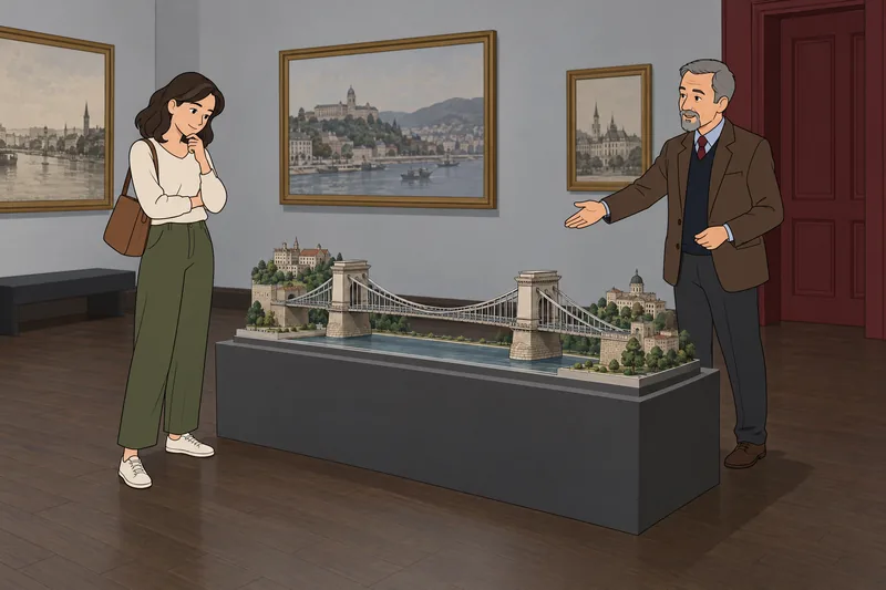 cuestionario sobre ciudades: Una visitante examina un puente.