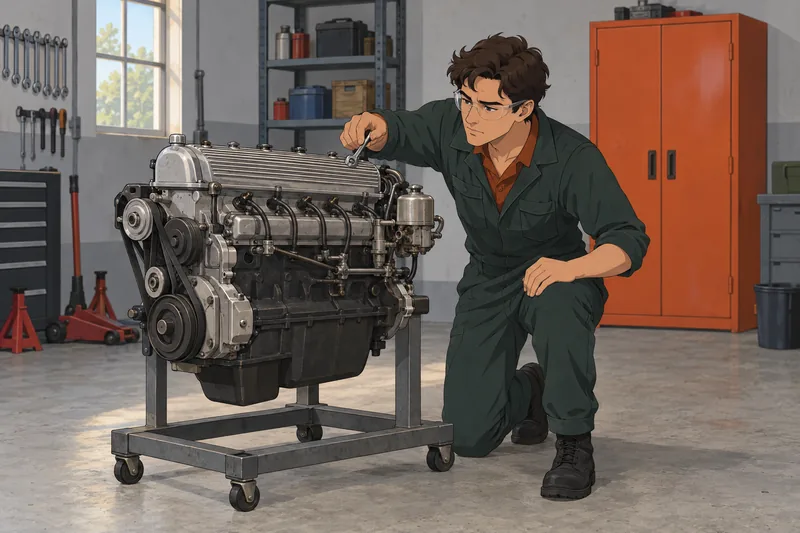 Classic Car Quiz: mechanic inspects a vintage engine.
