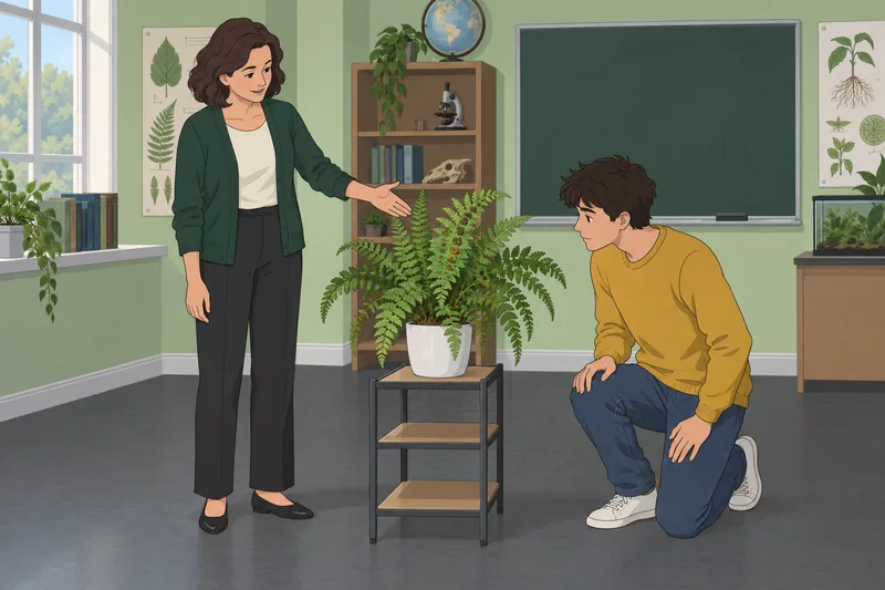 Classification of Plants: a teacher studies a fern.