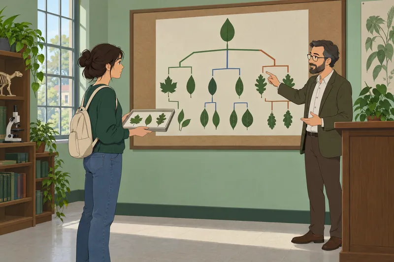 Classification Quiz shows a student sorting leaf specimens.
