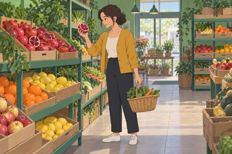 Close Up Food shows a shopper inspecting pomegranate.