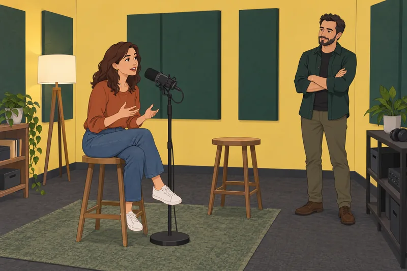 Colleen Ballinger Quiz: host studies a studio microphone.