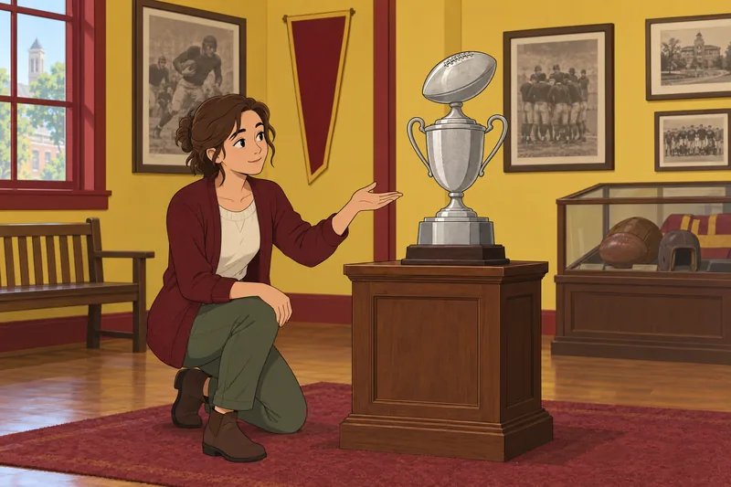 College Football Teams appear in a trophy room.