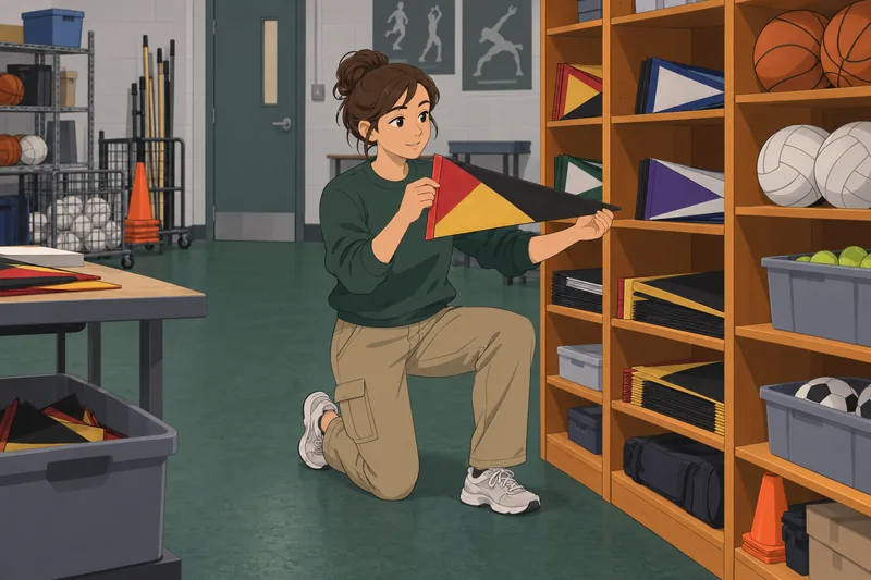 College Logo Quiz shows a student sorting pennants.