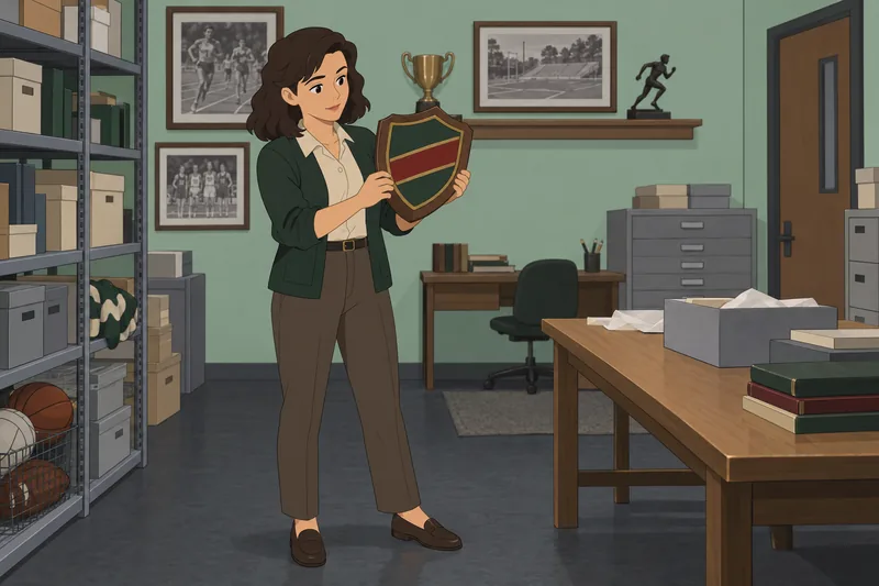 College Logo Quiz shows a curator studying emblems.